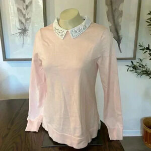 Tommy Hilfiger Contrast-Hem Shirt Embellished Collar Sweater in Pink Small